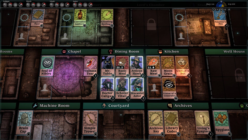 Tablero de juego con diferentes localizaciones, todas las cartas de personaje están en el comedor.