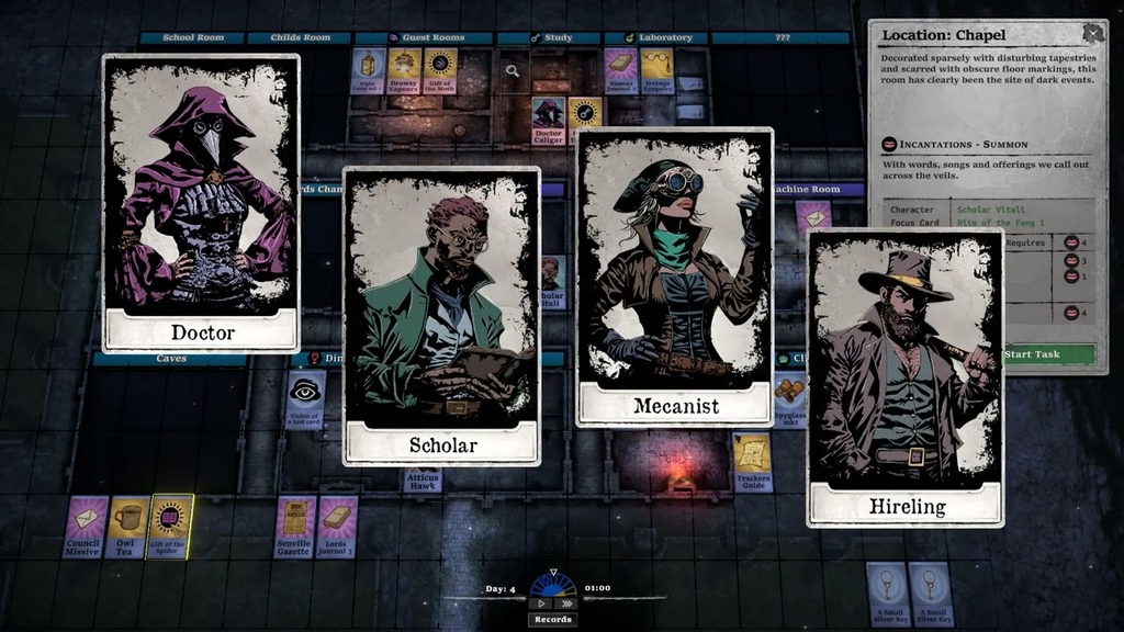 Presentación de los personajes del juego, 4 cartas mostrando a la doctora, el erudito, la ingeniera y el mercenario.